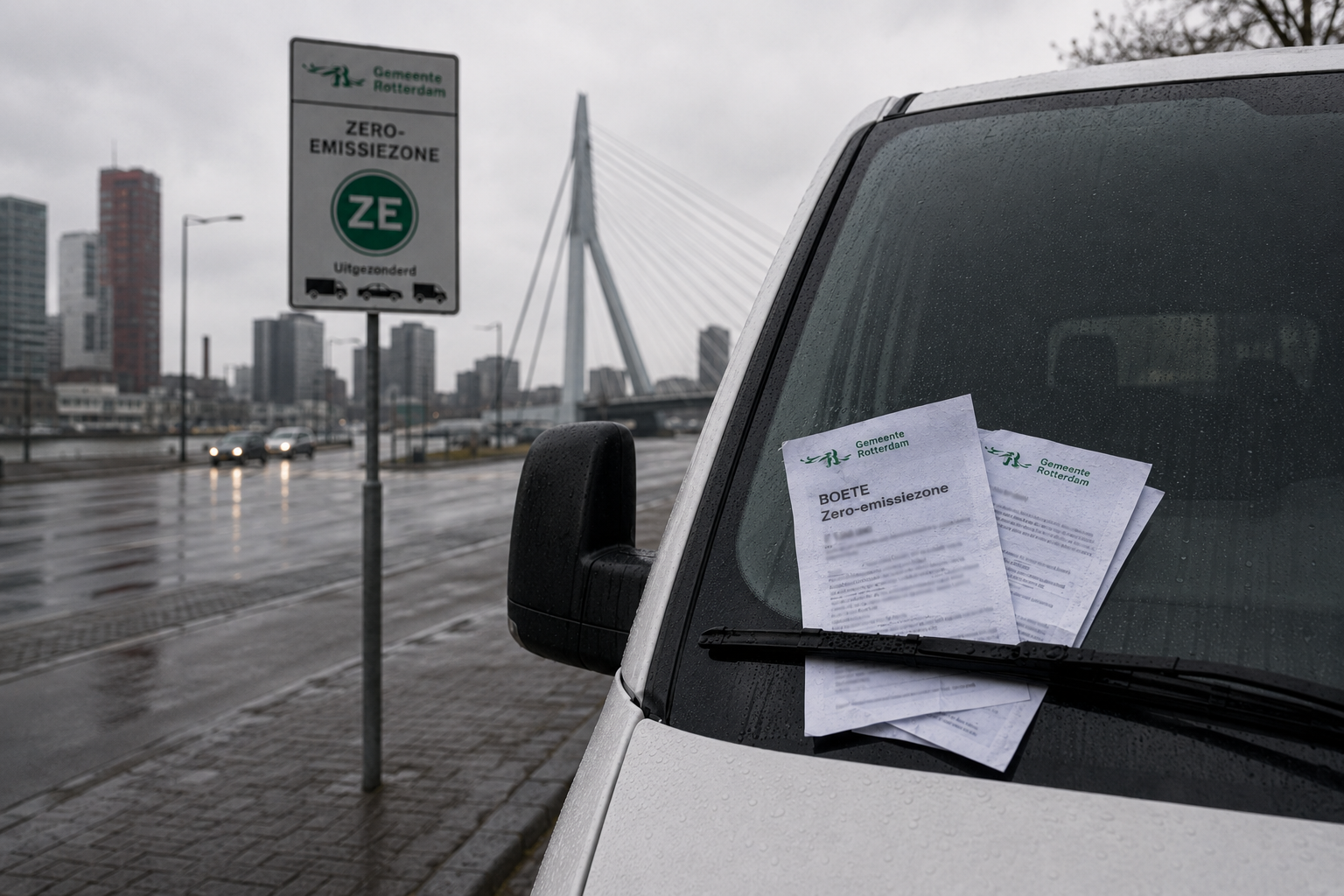 Witte bedrijfswagen met boetes onder de ruitenwisser bij een zero-emissiezone in Rotterdam.